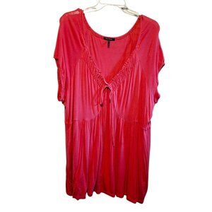 Daisy Fuentes Boho Woman Melon Pink Short Sleeve Ruched Front Tie Tunic Top 3X R